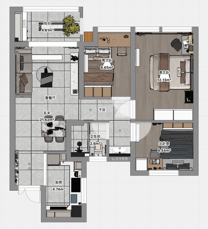 孟宪涛｜江城苑6-2-1704-88㎡-简约风格｜3室2厅1卫｜新房装修｜定制家｜全包12万｜00_03平面彩图